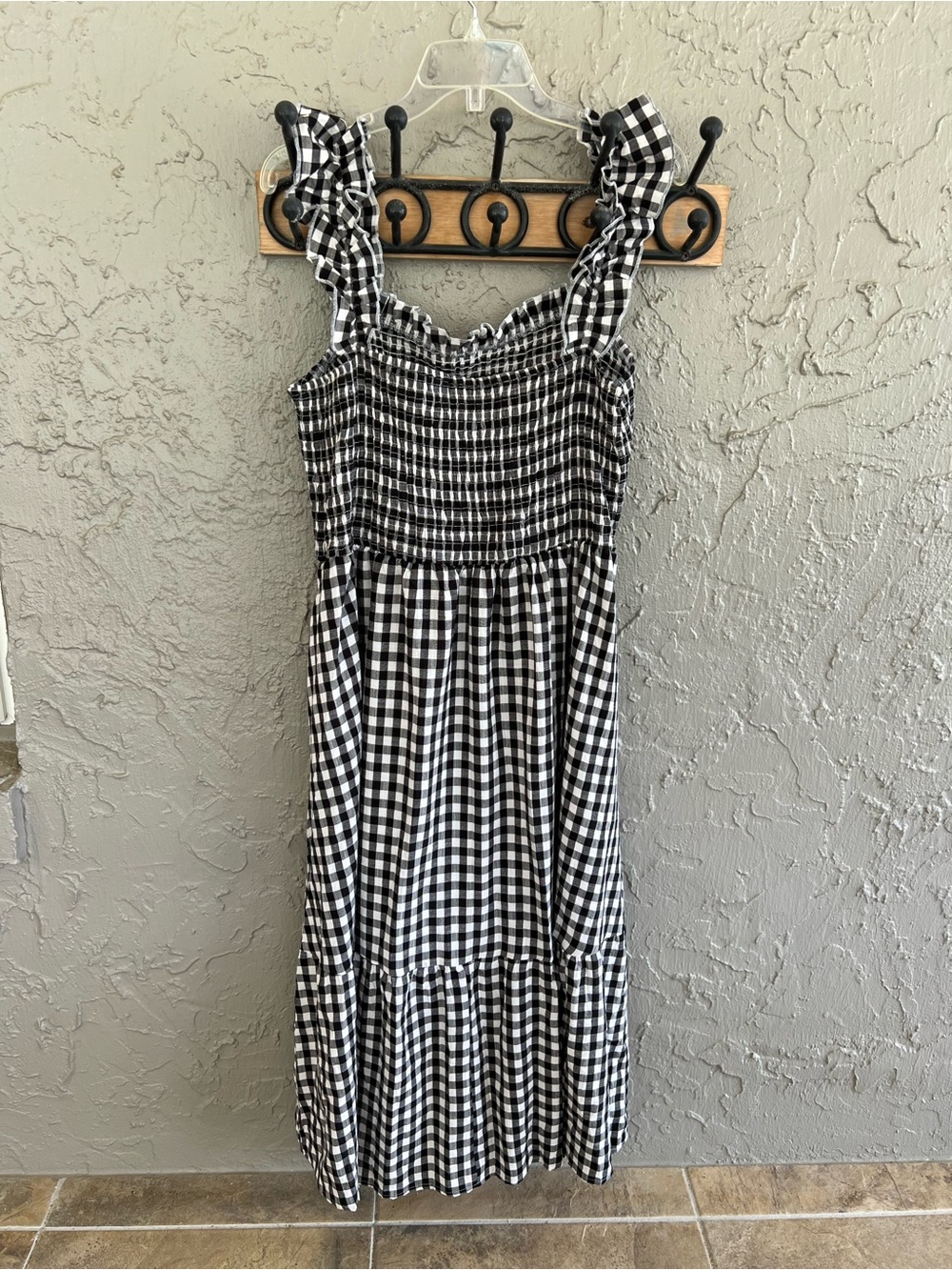 Black & White Gingham Ruffle Strap Midi Dress - Smocked Bodice - Picture 5 of 8